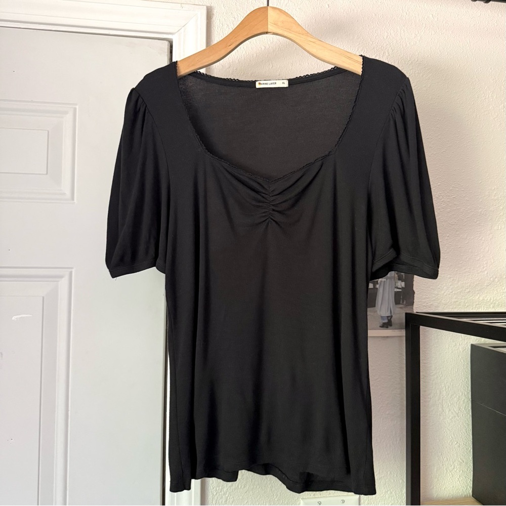MARINE LAYER black tencel modal soft rib ribbed sweetheart puff short sleeve top